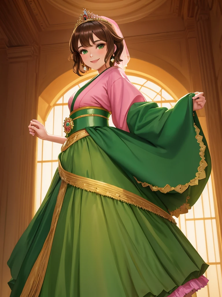 masterpiece, best quality:1.2), 1girl, smile, looking at viewer, green eyes, short brown hair, princess, princess dress, wearing puffy pink ballgown skirt reaching the floor, green kimono, golden tiara with veil, standing in ballroom of medieval castle