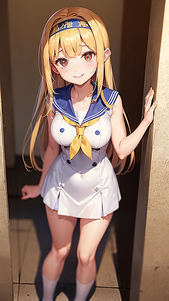 One girl、Waiting for someone in a school classroom、Sailor suit、Shoulder-length hair、Blonde、Brown eyes、18-year-old、D cup breasts、smile、Long limbs、Headband、Standing posture、Leaning against a wall