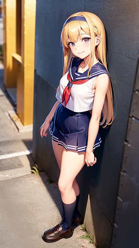 One girl、Waiting for someone in a school classroom、Sailor suit、Shoulder-length hair、Blonde、Brown eyes、18-year-old、D cup breasts、smile、Long limbs、Headband、Standing posture、Leaning against a wall