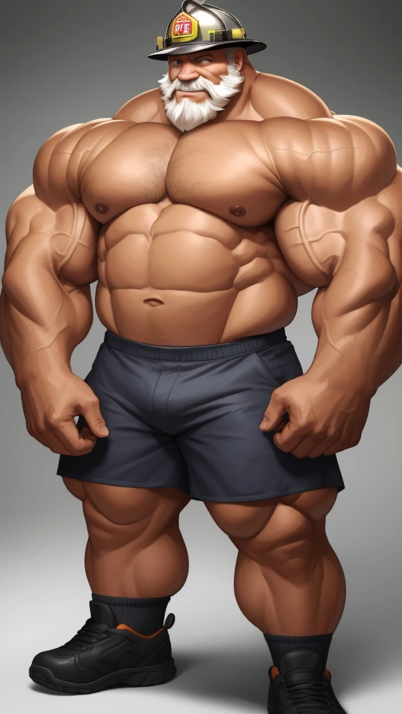 solo, 1boy, perfect anatomy, ground view, wrinkles skin, low shoot, down view, perfect proportion, thick body, thick thighs, firefighter, firefighter helmet, sharp eyes, big eyes, smile, perfect fingers, big hand, fingers. Huge Muscular Old man with short hair, shoes ,(white shorts), view from side, pectoral, thick arms, huge pectoral, wide pectoral, white hair, white beards, simple background, masterpiece, semirealistic:1.2, high detailed, 8k, high resolution, perfect center, full view. ((really big muscle, massive muscular, sixpack, thick arms, wide pectoral, super huge muscle, hyper muscular, over sized muscle, huge arms, big arms, huge pectoral))