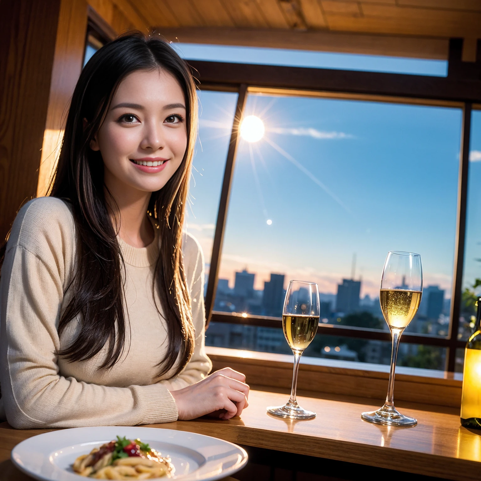 ((Highest quality、8K、masterpiece:1.3))、slimカップル、Pink rubber、modelカップル、(Realistic, Intricate details:1.2), full-course dinner、Wine Party、Amazing view of the sunset sky and clouds、A bright smile、The wonderfulness of smile、Bright image、The beauty of wine, Beautiful Face, blue eyes, The light shines on your face, Blushing, short hair,Bright Face、 (Age 37), 39 years old, red wine 、Appetizers、Italian food、Wine bottle、Champagne、sparkling wine、Two beauties、Brown Hair、Shortcuts、Long sleeve shirt、dress、Beautiful woman 1, (slimな顔), (The body is slim), (Brown Hair), (Shortcuts), cheeks turn a little red,Attractive beauty、restaurant, In a prominent place (From the waist up) Nova Frog Style, actress, model, Upper Body, White wine, slim, wine glass, 中央に置かれたwine glass, smile, (smile: 1.15), Beautiful fine grain, Depth f/2,saturation, High Contrast, Strong light and shadow,Moist Body:1.5、3D texture、Delicate eyes、Brown Hair、The hair is very shiny、