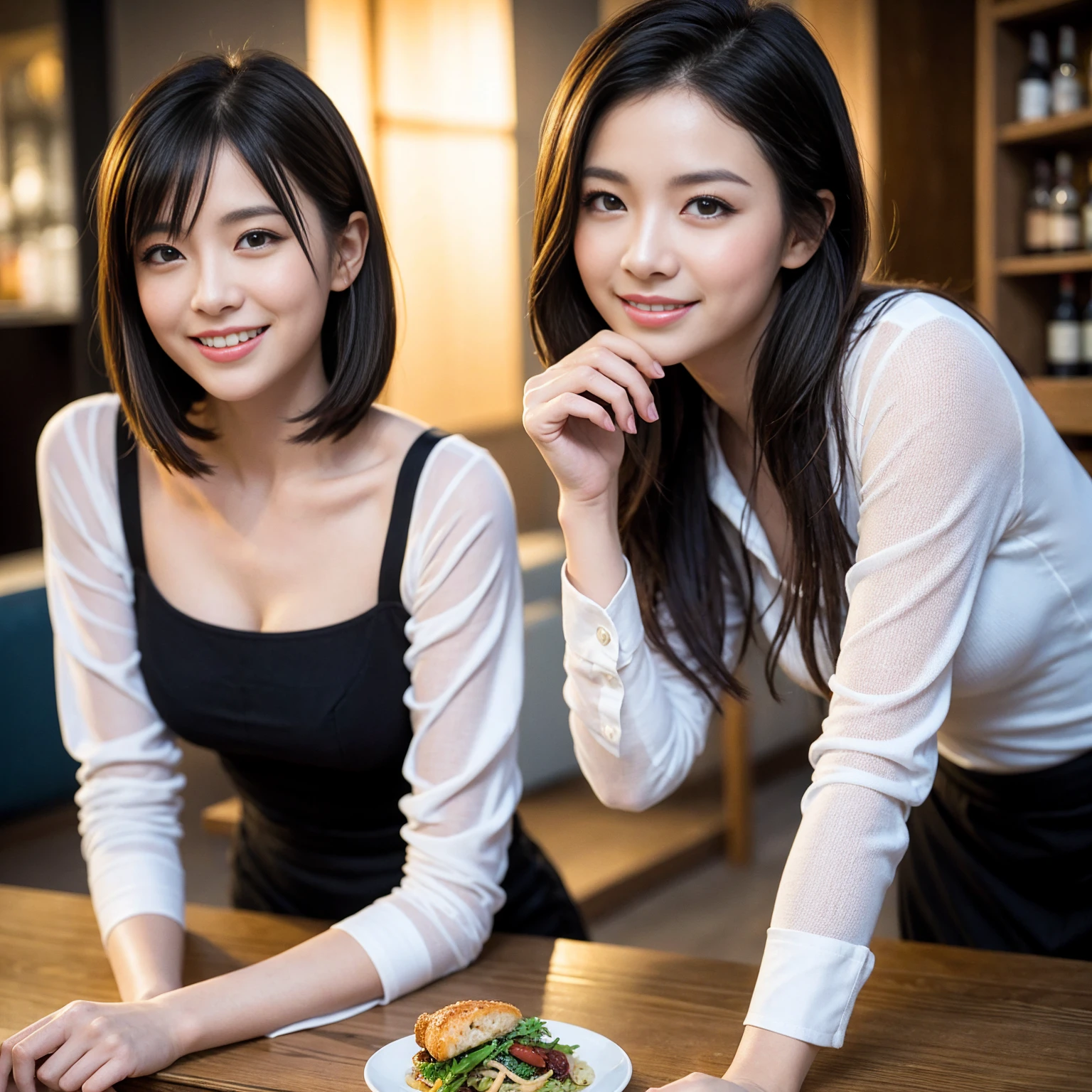 ((Highest quality、8K、masterpiece:1.3))、slimカップル、Pink rubber、modelカップル、(Realistic, Intricate details:1.2), full-course dinner、Wine Party、Amazing view of the sunset sky and clouds、A bright smile、The wonderfulness of smile、Bright image、The beauty of wine, Beautiful Face, blue eyes, The light shines on your face, Blushing, short hair,Bright Face、 (Age 37), 39 years old, red wine 、Appetizers、Italian food、Wine bottle、Champagne、sparkling wine、Two beauties、Brown Hair、Shortcuts、Long sleeve shirt、dress、Beautiful woman 1, (slimな顔), (The body is slim), (Brown Hair), (Shortcuts), cheeks turn a little red,Attractive beauty、restaurant, In a prominent place (From the waist up) Nova Frog Style, actress, model, Upper Body, White wine, slim, wine glass, 中央に置かれたwine glass, smile, (smile: 1.15), Beautiful fine grain, Depth f/2,saturation, High Contrast, Strong light and shadow,Moist Body:1.5、3D texture、Delicate eyes、Brown Hair、The hair is very shiny、
