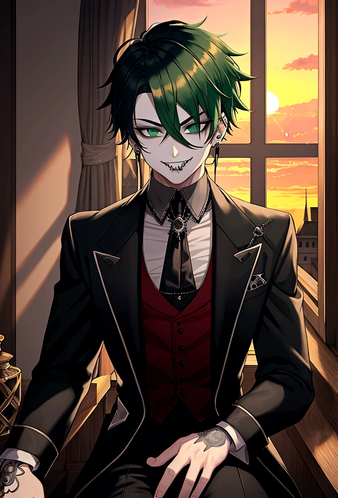 man with black an green hair and light grey eyes, stitches on his face around his mouth, piercings, wearing gothic clothes, sitting on a windowsill, sunset behind him, evil smile