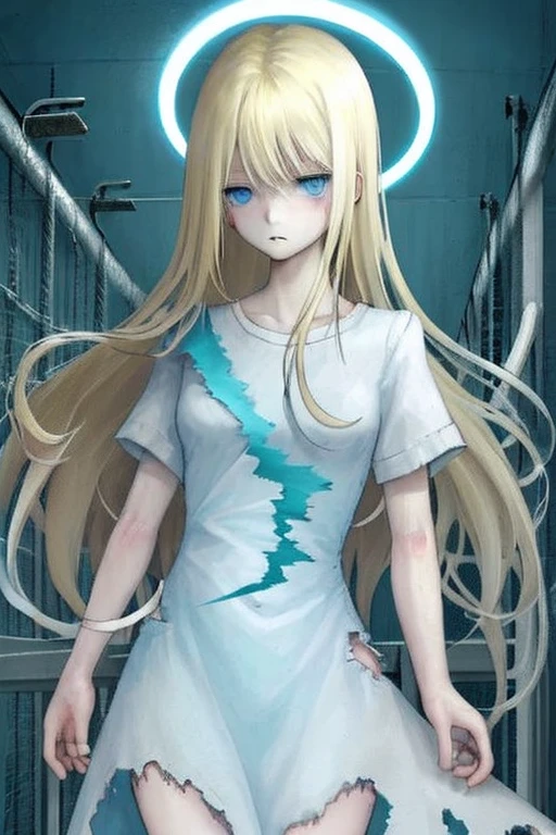 Blonde girl　Light blue eyes　long　A plain, tattered white hospital dress　Prison Style