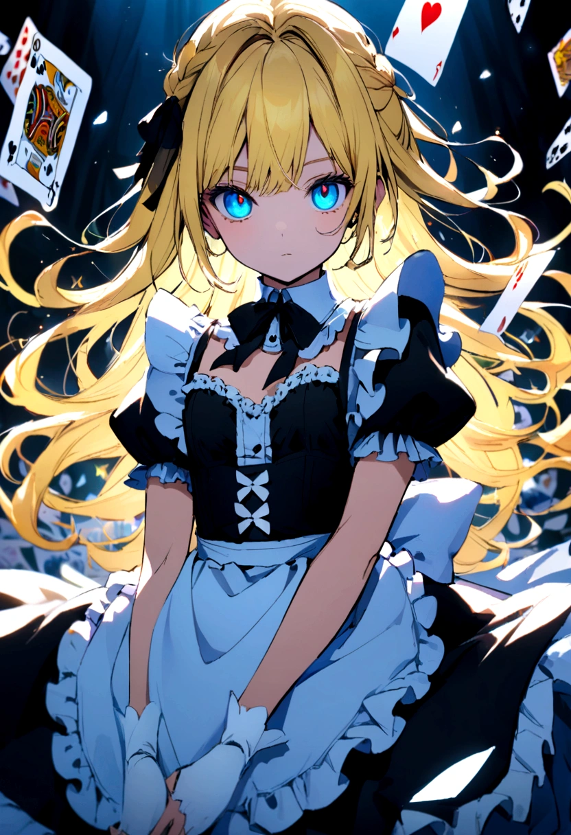 Alice in wonderland girl with yellow hair, blue eyes, black ribbon in hair, blue maid outfit, cards in background