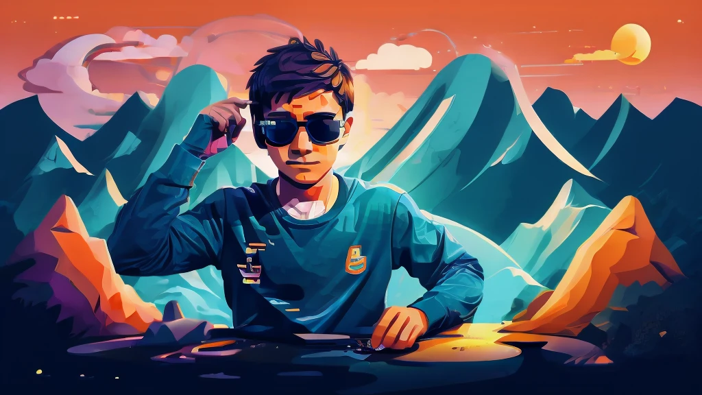 A boy programmer has cover their face wearing sunglasses, coding running on background, vector art
