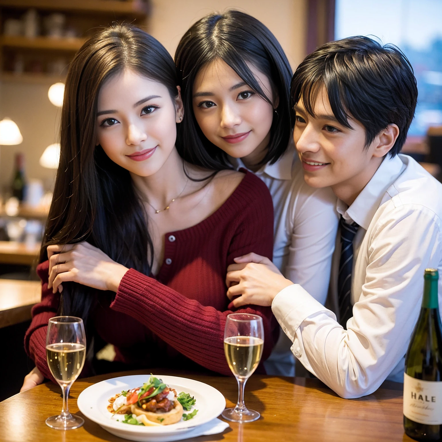 ((Highest quality、、masterpiece:1.3))、1 male、1 female、spouse、Beautiful couple、Japanese couple、smile、 (Slim face), (the body is スリム), (Brown Hair), (Shortcuts), ((Bob Hale、Straight hair:1.2)), テーブルの上のwine glass、Please shine a light on my face、 Amazing view of the sunset sky and clouds、Amazing mountain views、smileの美しさ、Bright imYear、Blushing, Shortcuts,Bright Face、 Year), 39 Year, red wine 、Appetizers、Italian food、Wine bottle、Champagne、sparkling wine、Long sleeve shirt、dress、Attractive beauty、restaurant, Nova Frog Style, actress, model, Upper Body, White wine, red wine, wine glass, 