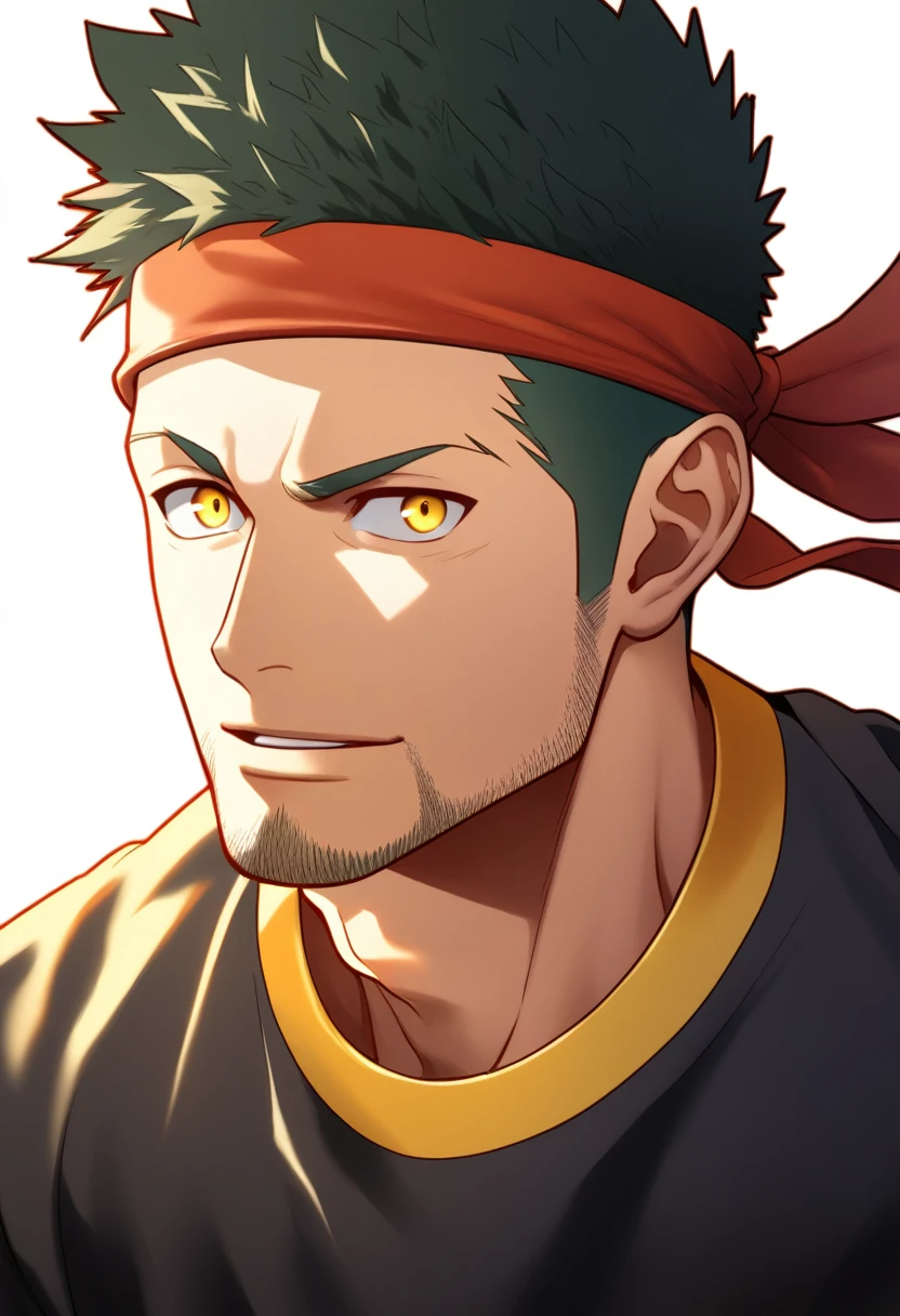anime characters：Gyee, priapus, 1 muscular man god, sports Red headband, Black sports sweatshirt, muscular male, muscular, only, Upper body, alone, Yellow short hair, Thick eyebrows, stubble, Yellow eyes, White background, simple background, amazing quality, best aesthetics, Ridiculous, bright pupils, crew cut, naughty face, torogao, parted lips, god rays, chiaroscuro, drop shadow, best quality