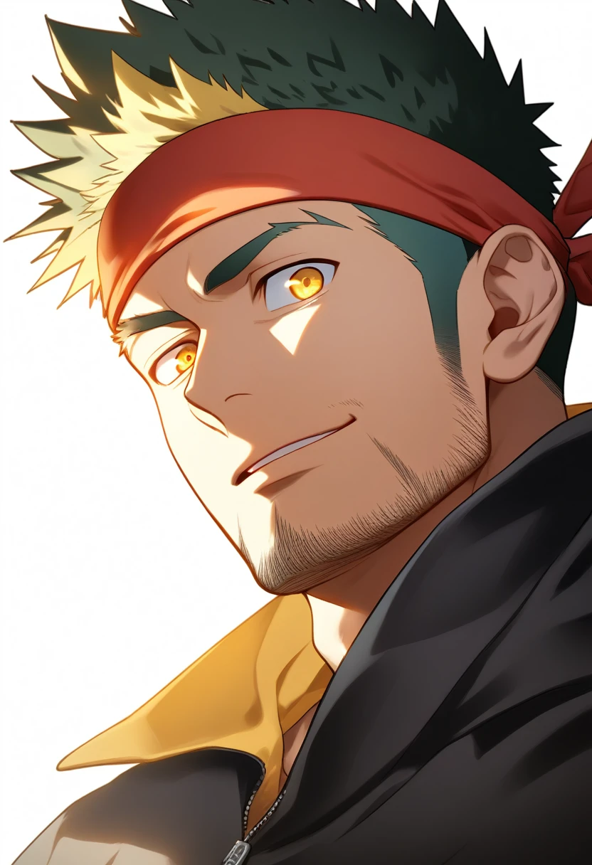 anime characters:Gyee, priapus, 1 muscular man god, sports Red headband, Black sports sweatshirt, muscular male, muscular, only, Upper body, alone, Yellow short hair, Thick eyebrows, stubble, Yellow eyes, White background, simple background, amazing quality, best aesthetics, Ridiculous, bright pupils, crew cut, naughty face, torogao, parted lips, god rays, chiaroscuro, drop shadow, best quality