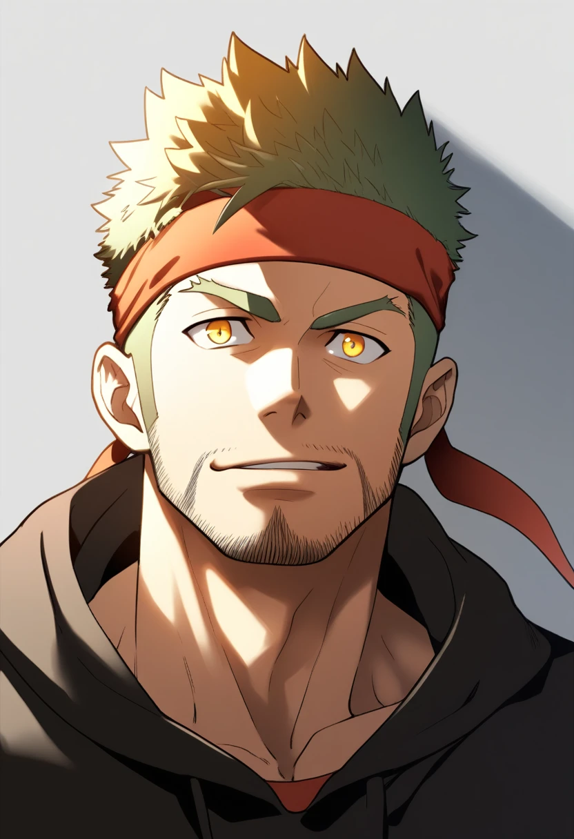 anime characters:Gyee, priapus, 1 muscular man god, sports Red headband, Black sports sweatshirt, muscular male, muscular, only, Upper body, alone, Yellow short hair, Thick eyebrows, stubble, Yellow eyes, White background, simple background, amazing quality, best aesthetics, Ridiculous, bright pupils, crew cut, naughty face, torogao, parted lips, god rays, chiaroscuro, drop shadow, best quality