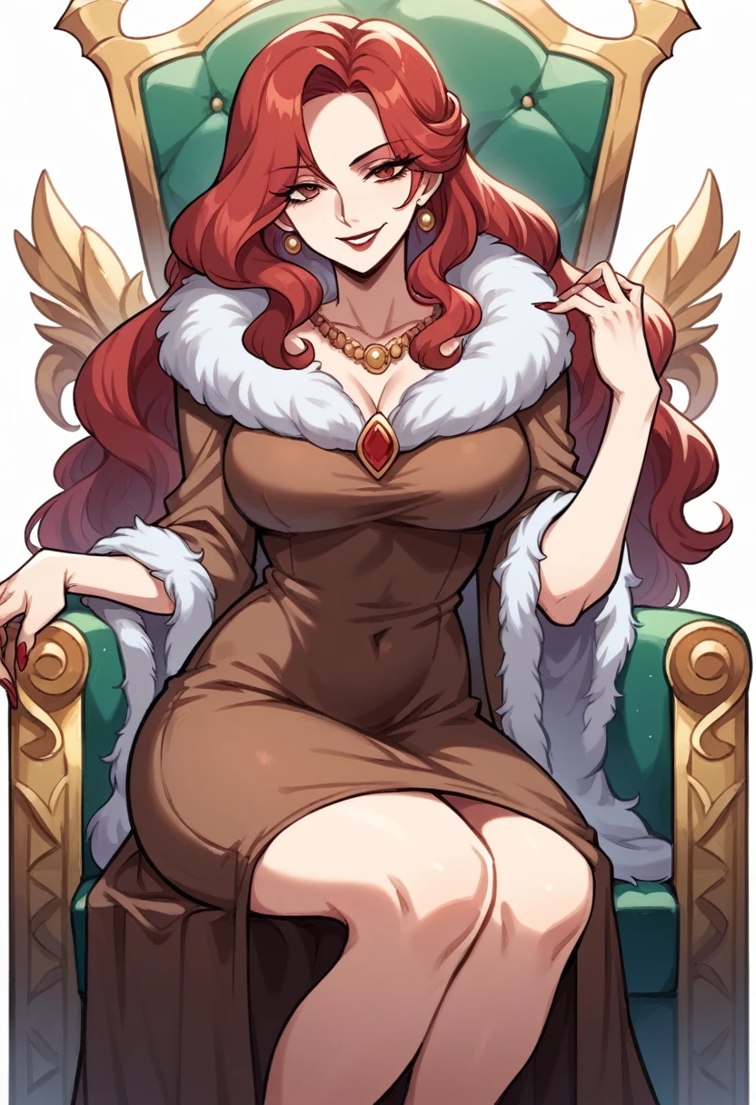 A beautiful woman sitting on a throne, pale skin and flowing red hair, medium legnth hair, dutchess in modest adornment, modest clothing, full dress, fur collar, brown dress, warm colours, mature woman, sharp features, sly smile, evil queen, lodgehouse background