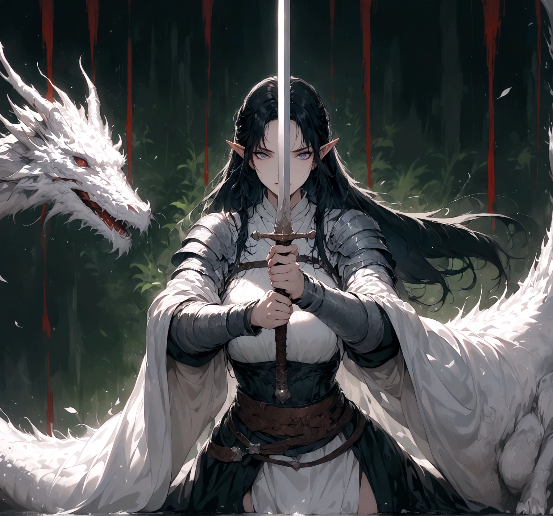 （HD), (masterpiece), (best quality), (Super detailed), (Best illustration), female elf warrior, whole body, middle Ages, Alone with the Dragon, dungeons and dragons,Offers vistas that capture grandeur and atmosphere。