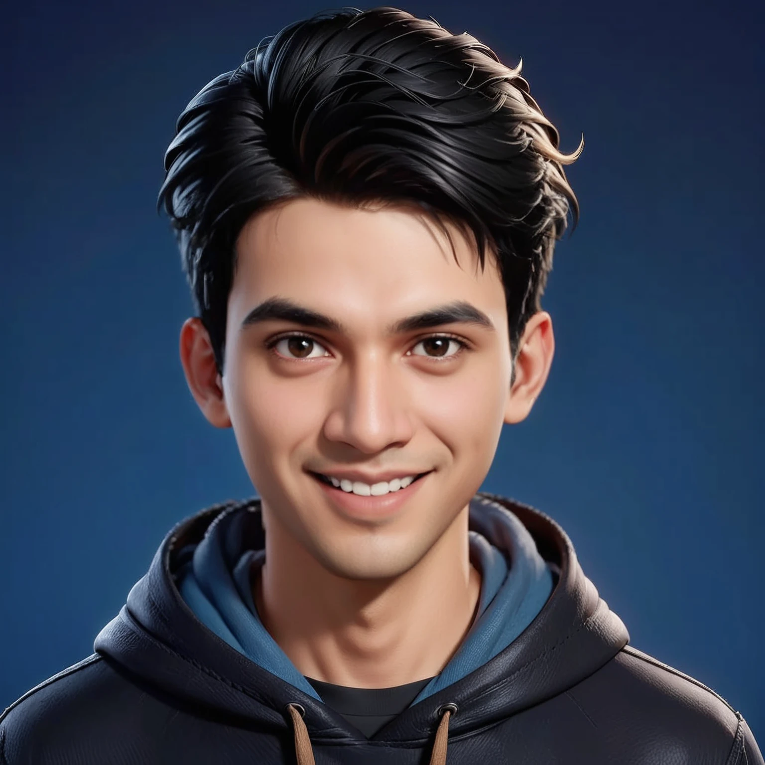 Create a half body portrait of cartoonish caricature 3D animation of a big-headed. a 25 years old Pakistani man. She has short black pixie cut hair. His face is oval with smooth lines, thick and neat black eyebrows, normal eyes, a small, sharp nose, and thin lips with a wide, friendly smile. He wore a dark hoodie with blue jeans. Gradient blue background. masterpiece, top quality, highly detailed skin and face, ultra-realistic, high definition, sharp focus, Concept Art. 