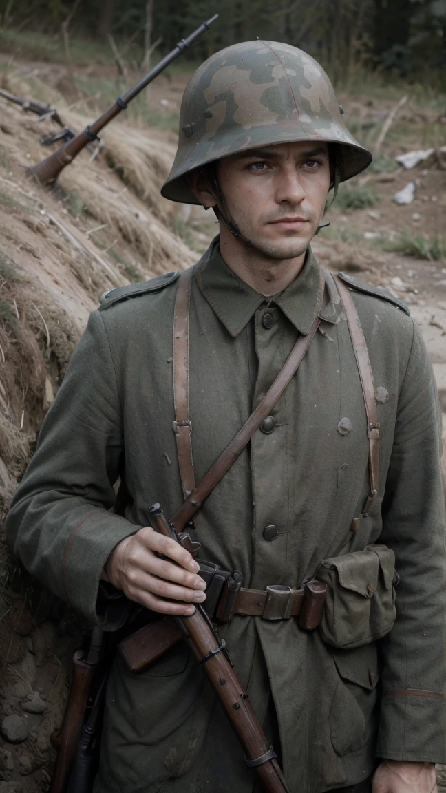 (masterpiece), best quality, expressive eyes, perfect face, All quiet on western Front, man, trenches, dirty, uniform, realistic, HD, Rifle, aiming rifle, somme, ww1, german, getting shot, wounded, Germanic man, stahlhelm