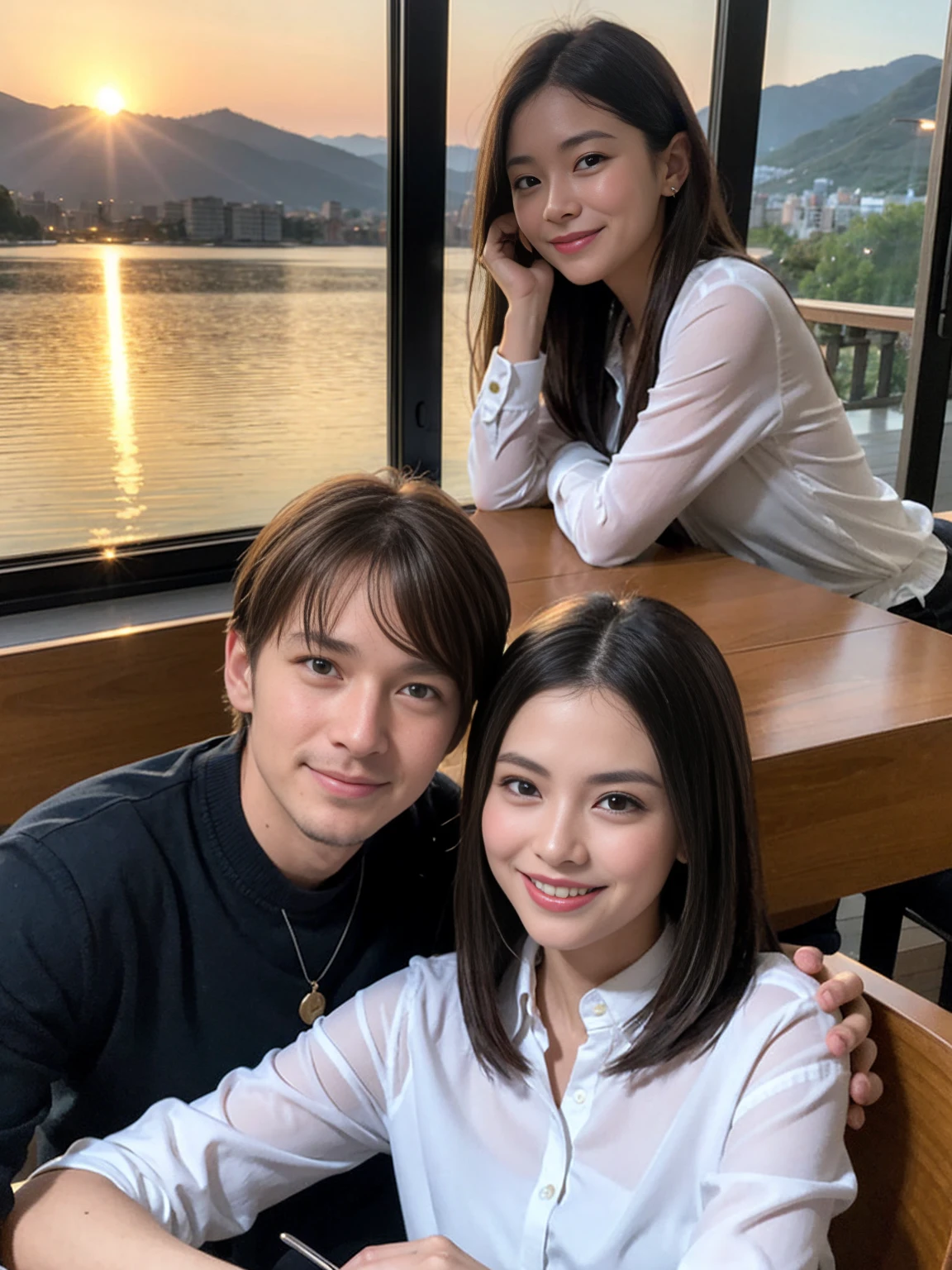 ((Highest quality、、masterpiece:1.3))、1 male、1 female、spouse、Beautiful couple、Japanese couple、smile、 (Slim face), (the body is スリム), (Brown Hair), (Shortcuts), ((Bob Hale、Straight hair:1.2)), テーブルの上のwine glass、Please shine a light on my face、 Amazing view of the sunset sky and clouds、Amazing mountain views、smileの美しさ、Bright imYear、Blushing, Shortcuts,Bright Face、 Year), 39 Year, red wine 、Appetizers、Italian food、Wine bottle、Champagne、sparkling wine、Long sleeve shirt、dress、Attractive beauty、restaurant, Nova Frog Style, actress, model, Upper Body, White wine, red wine, wine glass,