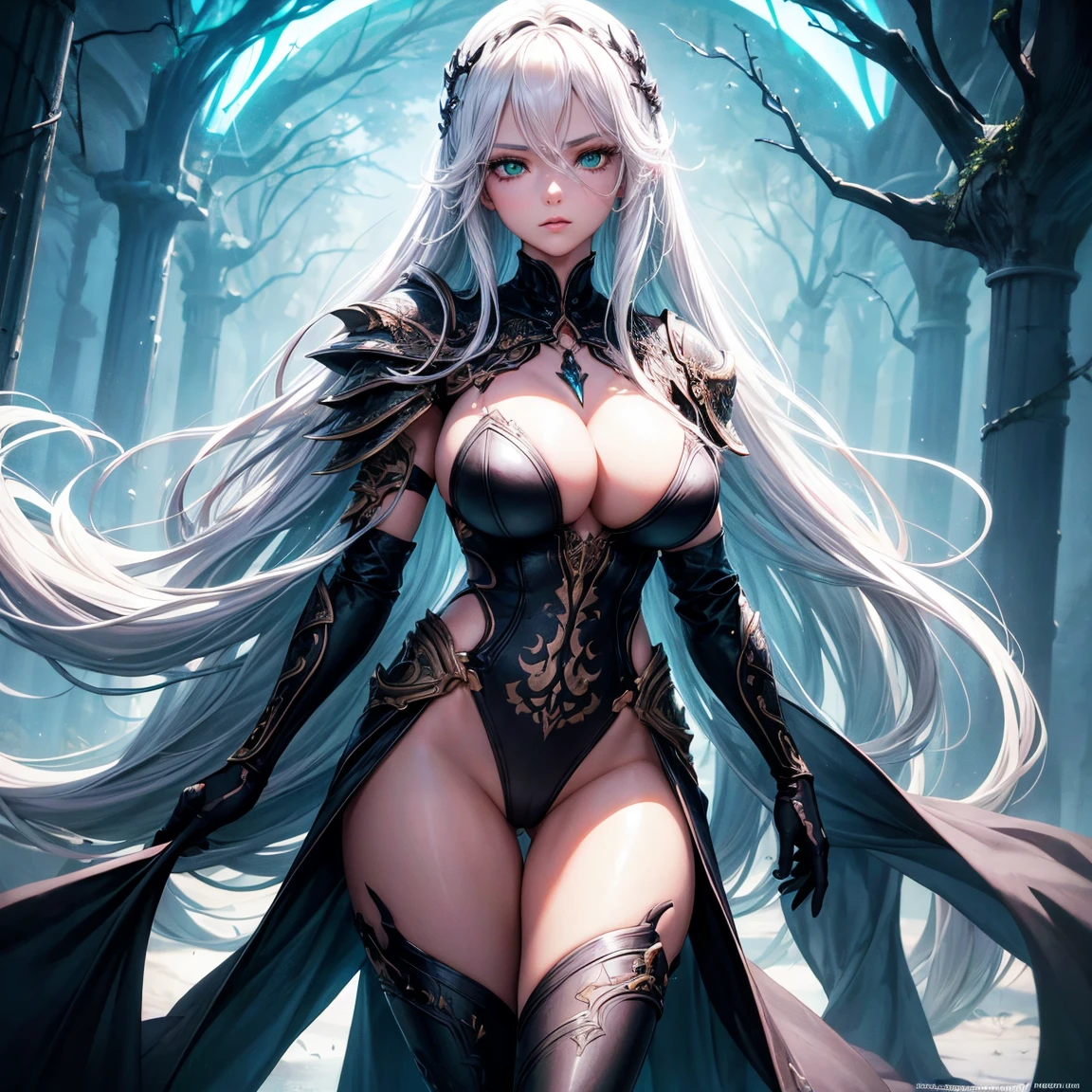 a girl, 1girl, long hair, white hair!!, breasts, green eyes!!!, green eyes, fair skin, sexy black bikini armor, full body, full body, ghost forest, incredibly sexy body, detailed face, beautiful detailed eyes, beautiful detailed lips, extremely detailed eyes and face, long eyelashes, intricate details, detailed clothing, highly detailed, photo realistic, 8k, best quality, masterpiece, cinematic lighting, dramatic lighting, vibrant colors, fantasy, digital art, concept art