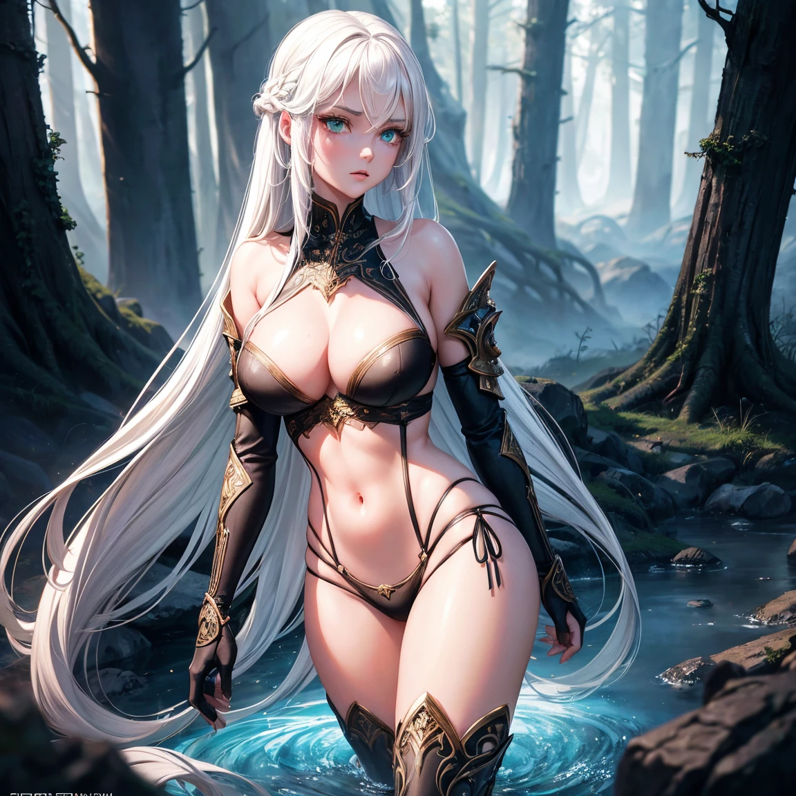 a girl, 1girl, long hair, white hair!!, breasts, green eyes!!!, green eyes, fair skin, sexy black bikini armor, full body, full body, ghost forest, incredibly sexy body, detailed face, beautiful detailed eyes, beautiful detailed lips, extremely detailed eyes and face, long eyelashes, intricate details, detailed clothing, highly detailed, photo realistic, 8k, best quality, masterpiece, cinematic lighting, dramatic lighting, vibrant colors, fantasy, digital art, concept art
