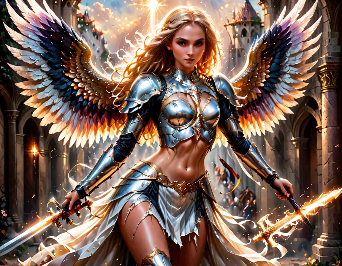 a ((medieval masterwork fresco art: 1.5)) Italian renaissance style, of a 1female angel knight, spread angelic wings, soft light, full body shot, ultra detailed face, determined expression, angel of justice and vengeance, blond hair, long hair, dynamic hair style, (wearing armor: 1.2), intricate details, wearing (thigh high heeled boots: 1.1) , (holding divine sword: 1.3), flaming sword, intense details, masterwork sword, dynamic background(Masterpiece: 1.5), Vibrant, Ultra-high resolution, High Contrast, (masterpiece:1.2), highest quality, Best aesthetics), best details, best quality, highres, ultra wide angle, 16k, [ultra detailed], masterpiece, best quality, (extremely detailed), intense gaze, faize, raging nebula, ArmoredDress, drc_style