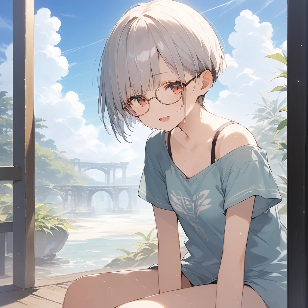 score_9, score_8_up, score_7_up, source_anime, best quality, masterpiece, official art, absurdres, highres, ultra-detailed,waifu2x,Collection: Slice of Life,break,1girl, very short hair,pixie cut, long bangs, glasses, small breasts, thighs, sweat, open mouth, outdoors, summer, break,(clear line illustration:1.2),very high resolution, very aesthetic, super detailed skin, Best sexual lighting powered by famous artist, 8k,cute picture,beauty illustration,photoshop_(medium),,(Detailed Lighting),best anime 8k konachan wallpaper, pixiv contest winner,