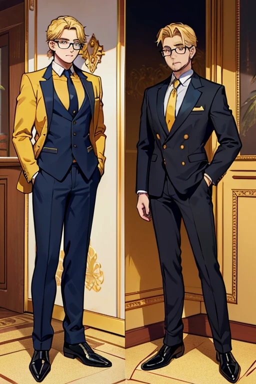 male, blonde hair, blue eyes, trimmed goatee, (((1boy))), (((golden yellow business suit))), (golden yellow pants), (black dress shirt), (brown necktie), (black dress shoes), (glasses), older man