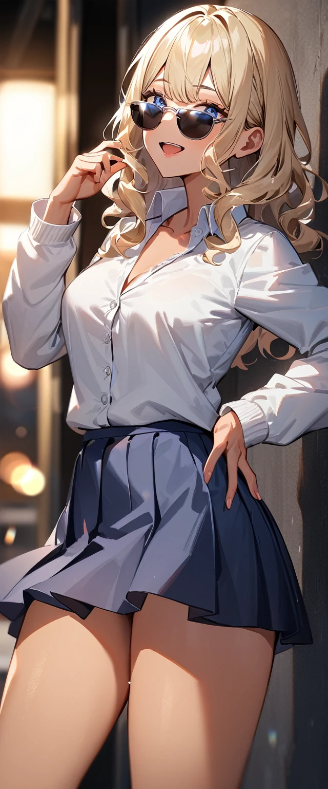 (((One girl))), ((tanned skin:1.3)), blond hair, inwardly curled hair, ((sunglasses, hand to sunglasses)), open mouth, stick out tongue, ((one hand on hip)), ((bob cut:1.3, wavy hair)), Heavy makeup, breasts, (cowboy shot), standard body, (looking at viewer), collarbone, ((((school winter uniform, white unbuttoned shirt, skirt)))), (open collar), ((sleeves past wrists)), ((cardigan)), teenager, head tilt:1.3, (((blue eye))), ((happy smile)), (((anime style))), (best quality, 4k, 8k, highres, masterpiece:1.2, ultra-detailed, ultra-detailed eyes, HDR, UHD, studio lighting, ultra-fine painting, sharp focus, physically-based rendering, extreme detail description, professional, vivid colors, bokeh), ((Highest quality, Best image quality, Ultra-high resolution, Ultra-high resolution, solo, Strong eye highlights)), Depth of written boundary, Natural soft light, attractive, Beautiful Face, Cleanliness, Pure Face, nedium chest, Beautiful Face, Perfect Fingers, Perfect hands, Perfect body, Perfect Face, Shine a light into your eyes, Perfect Anatomy