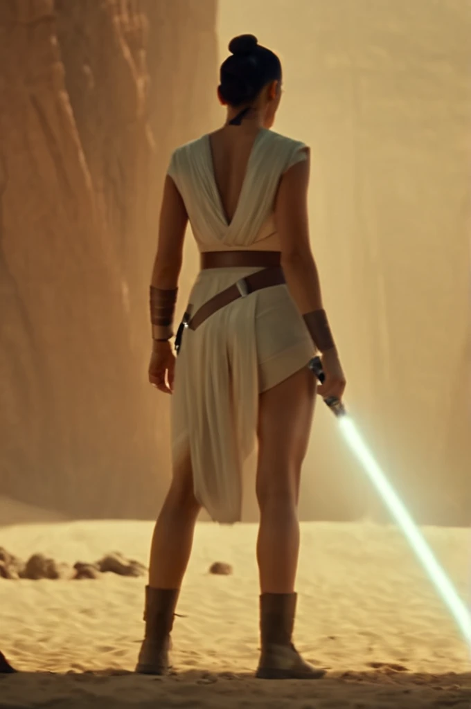 cinematic film still rey, jedi, lightsaber, full body, at ahn'qiraj . shallow depth of field, vignette, highly detailed, high budget Hollywood movie by luca guadagnino, bokeh, cinemascope, moody, epic, gorgeous, film grain, grainy, showing her small ass, nsfw