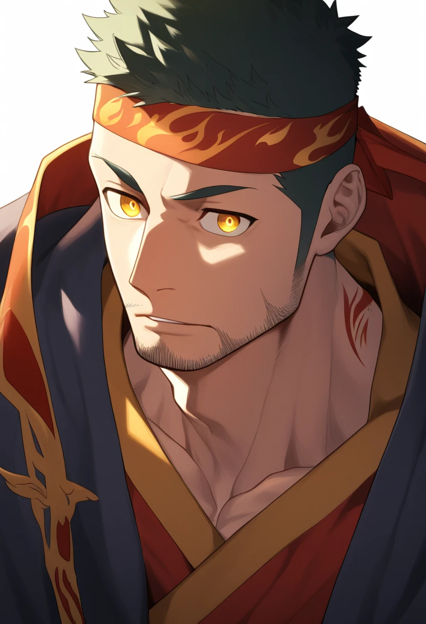 anime characters：Gyee, priapus, 1 muscular man god, Flame tattoo, sports Red headband, Priestly robes, muscular male, muscular, only, Upper body, alone, Black short hair, Thick eyebrows, stubble, Yellow eyes, White background, simple background, amazing quality, best aesthetics, Ridiculous, bright pupils, crew cut, naughty face, torogao, parted lips, god rays, chiaroscuro, drop shadow, best quality