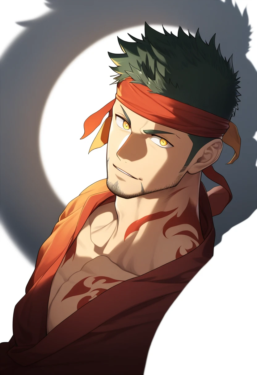 anime characters:Gyee, priapus, 1 muscular man god, Flame tattoo, sports Red headband, Priestly robes, muscular male, muscular, only, Upper body, alone, Black short hair, Thick eyebrows, stubble, Yellow eyes, White background, simple background, amazing quality, best aesthetics, Ridiculous, bright pupils, crew cut, naughty face, torogao, parted lips, god rays, chiaroscuro, drop shadow, best quality