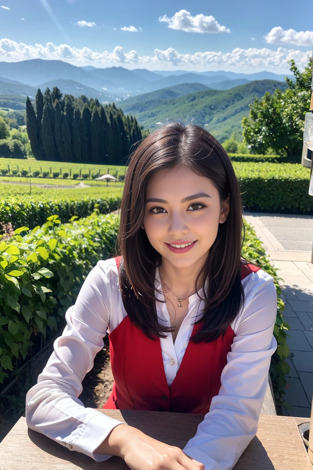 ((Highest quality、、masterpiece:1.3))、1 male、1 female、spouse、Beautiful couple、Japanese couple、smile、 (Slim face), (the body is スリム), (Brown Hair), (Shortcuts), ((Bob Hale、Straight hair:1.2)), テーブルの上のwine glass、Please shine a light on my face、 Amazing view of the sunset sky and clouds、Amazing mountain views、smileの美しさ、Bright imYear、Blushing, Shortcuts,Bright Face、 Year), 39 Year, red wine 、Appetizers、Italian food、Wine bottle、Champagne、sparkling wine、Long sleeve shirt、dress、Attractive beauty、restaurant, Nova Frog Style, actress, model, Upper Body, White wine, red wine, wine glass,
