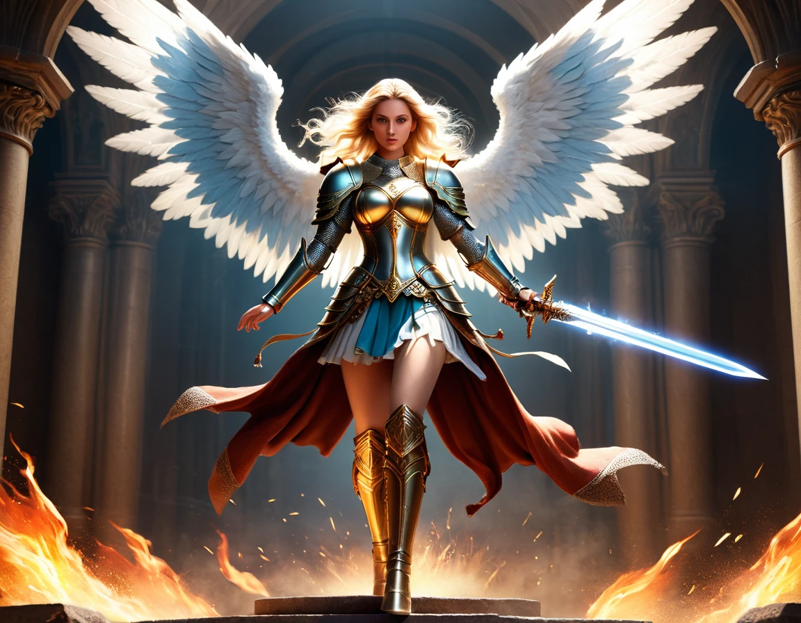 a ((medieval masterwork fresco art: 1.5)) Italian renaissance style, of a 1female angel knight, spread angelic wings, soft light, full body shot, ultra detailed face, determined expression, angel of justice and vengeance, blond hair, long hair, dynamic hair style, (wearing armor: 1.2), intricate details, wearing (thigh high heeled boots: 1.1) , (holding divine sword: 1.3), flaming sword, intense details, masterwork sword, dynamic background(Masterpiece: 1.5), Vibrant, Ultra-high resolution, High Contrast, (masterpiece:1.2), highest quality, Best aesthetics), best details, best quality, highres, ultra wide angle, 16k, [ultra detailed], masterpiece, best quality, (extremely detailed), intense gaze, faize, raging nebula, ArmoredDress, drc_style