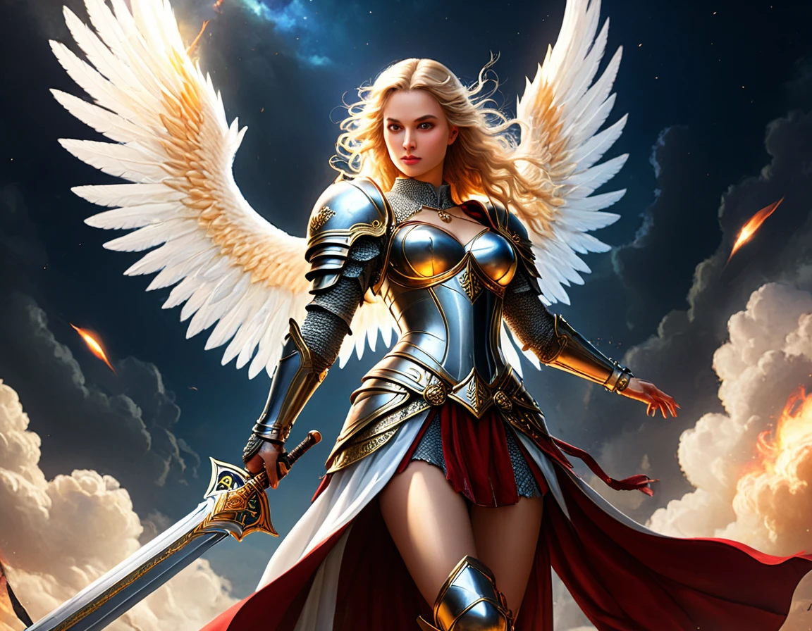 a ((medieval masterwork fresco art: 1.5)) Italian renaissance style, of a 1female angel knight, spread angelic wings, soft light, full body shot, ultra detailed face, determined expression, angel of justice and vengeance, blond hair, long hair, dynamic hair style, (wearing armor: 1.2), intricate details, wearing (thigh high heeled boots: 1.1) , (holding divine sword: 1.3), flaming sword, intense details, masterwork sword, dynamic background(Masterpiece: 1.5), Vibrant, Ultra-high resolution, High Contrast, (masterpiece:1.2), highest quality, Best aesthetics), best details, best quality, highres, ultra wide angle, 16k, [ultra detailed], masterpiece, best quality, (extremely detailed), intense gaze, faize, raging nebula, ArmoredDress, drc_style