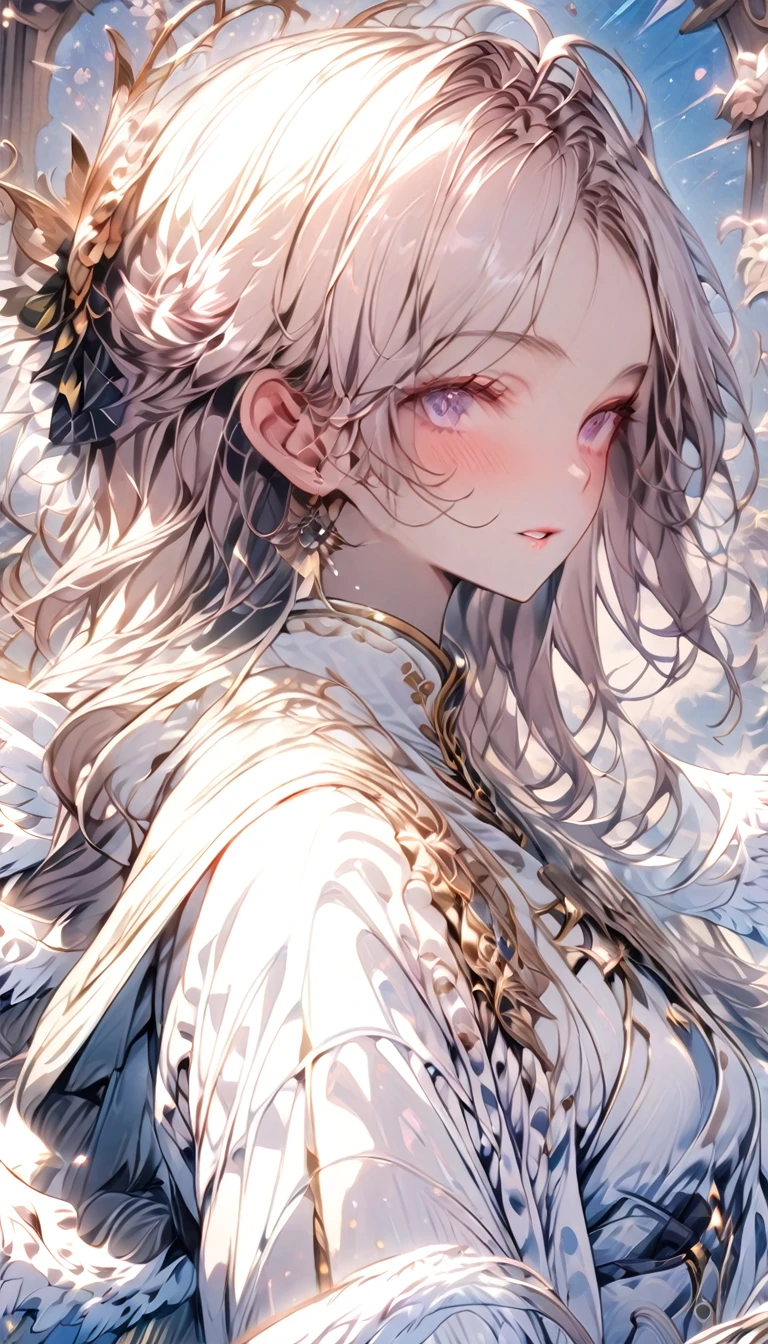 ((original photo)), ((masterpiece)), Anthropomorphic humanoid angel girl wearing white noble robe, intricate details, Intricate Gribbles Works, The sky behind, beautiful wings,(masterpiece, best quality:1.2), cute,(Woman of) unsurpassed beautyglitter background
Spectacular view
One beautiful girl in a thousand years,