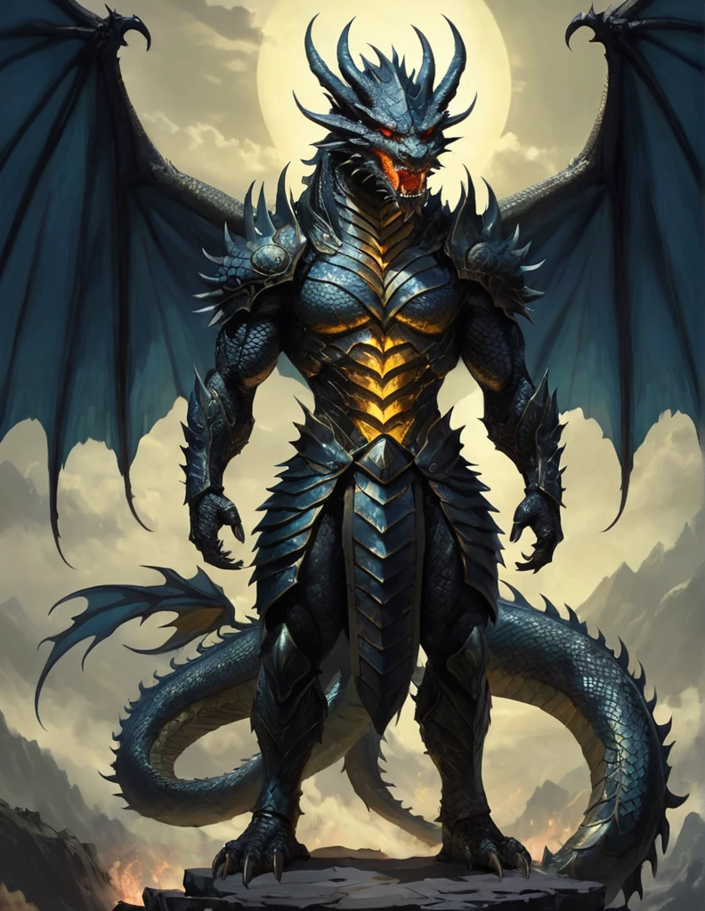 A legendary human dragon hybrid, bearing the face of a man yet covered in shimmering dragon scale skin. His dimly glowing eyes gleam with an otherworldly intelligence, and two great wings extend from his back, unfurling in readiness for flight. Standing tall he commands attention, inspiring awe and apprehension in equal measure. A grimdark atmosphere and the exquisitely detailed dragon features, capturing his stoicism and resolve. style of Guweiz, style of Simon Bisley, style of George B. Bridgman,