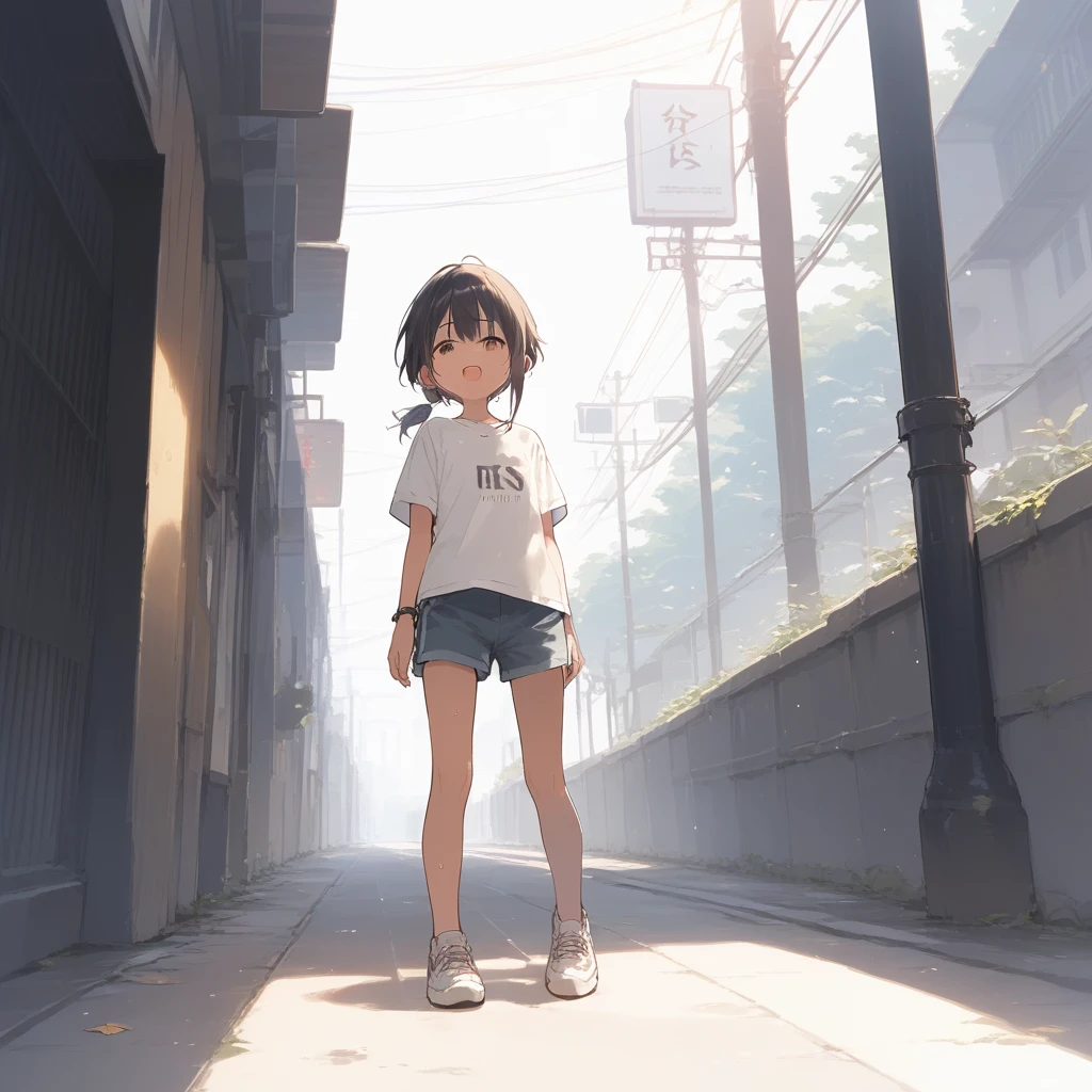 score_9, score_8_up, score_7_up, source_anime, best quality, masterpiece, official art, absurdres, highres, ultra-detailed,waifu2x,Collection: Slice of Life,break,1girl, tomboy, dark-skinned female, short hair, low ponytail, flat chest, beautiful detailed eyes, short shorts, sweat, open mouth, (yawn:0.3), sleepily, outdoors, wind, break,(clear line illustration:1.2),very high resolution, very aesthetic, super detailed skin, Best sexual lighting powered by famous artist, 8k,cute picture,beauty illustration,photoshop_(medium),,(Detailed Lighting),best anime 8k konachan wallpaper, pixiv contest winner,