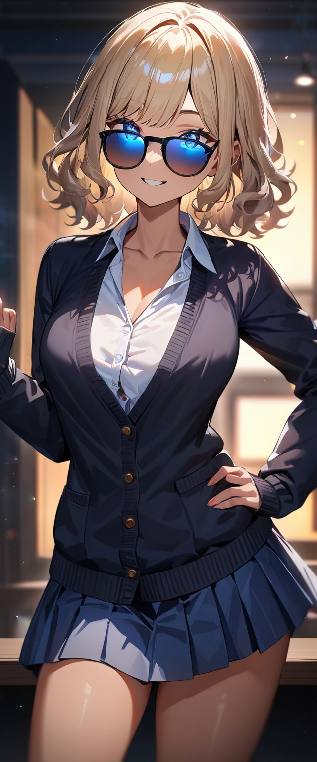 (((One girl))), ((tanned skin:1.3)), blond hair, ((sunglasses, hand to sunglasses)), stick out tongue, ((one hand on hip)), ((bob cut:1.3, wavy hair)), Natural makeup, breasts, (cowboy shot), standard body, (looking at viewer), collarbone, ((((school winter uniform, white unbuttoned shirt, skirt)))), (open collar), ((sleeves past wrists)), ((cardigan)), teenager, head tilt:1.3, (((blue eye))), ((happy smile)), (((anime style))), (best quality, 4k, 8k, highres, masterpiece:1.2, ultra-detailed, ultra-detailed eyes, HDR, UHD, studio lighting, ultra-fine painting, sharp focus, physically-based rendering, extreme detail description, professional, vivid colors, bokeh), ((Highest quality, Best image quality, Ultra-high resolution, Ultra-high resolution, solo, Strong eye highlights)), Depth of written boundary, Natural soft light, attractive, Beautiful Face, Cleanliness, Pure Face, nedium chest, Beautiful Face, Perfect Fingers, Perfect hands, Perfect body, Perfect Face, Shine a light into your eyes, Perfect Anatomy