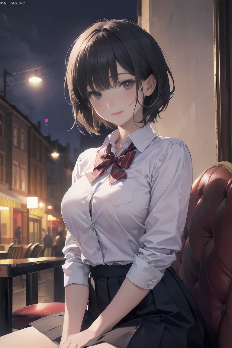 (8K, RAW Photos, Highest quality, masterpiece:1.2), (Realistic, photo-Realistic:1.37), Super detailed,anime,
1 Girl,cute, alone,Beautifully detailed skies,Detailed Cafe,night,Sitting,Date,(Red nose),(smile:1.1),(Mouth closed),Large Breasts, seductive smile, Large opening, Professional Lighting, Sony A7R4, Zesse 50mm F1.8,
Medium chest,Beautiful attention to detail,(Collared shirt:1.1), bow tie,Pleated skirt,(short hair:1.2),Floating Hair 