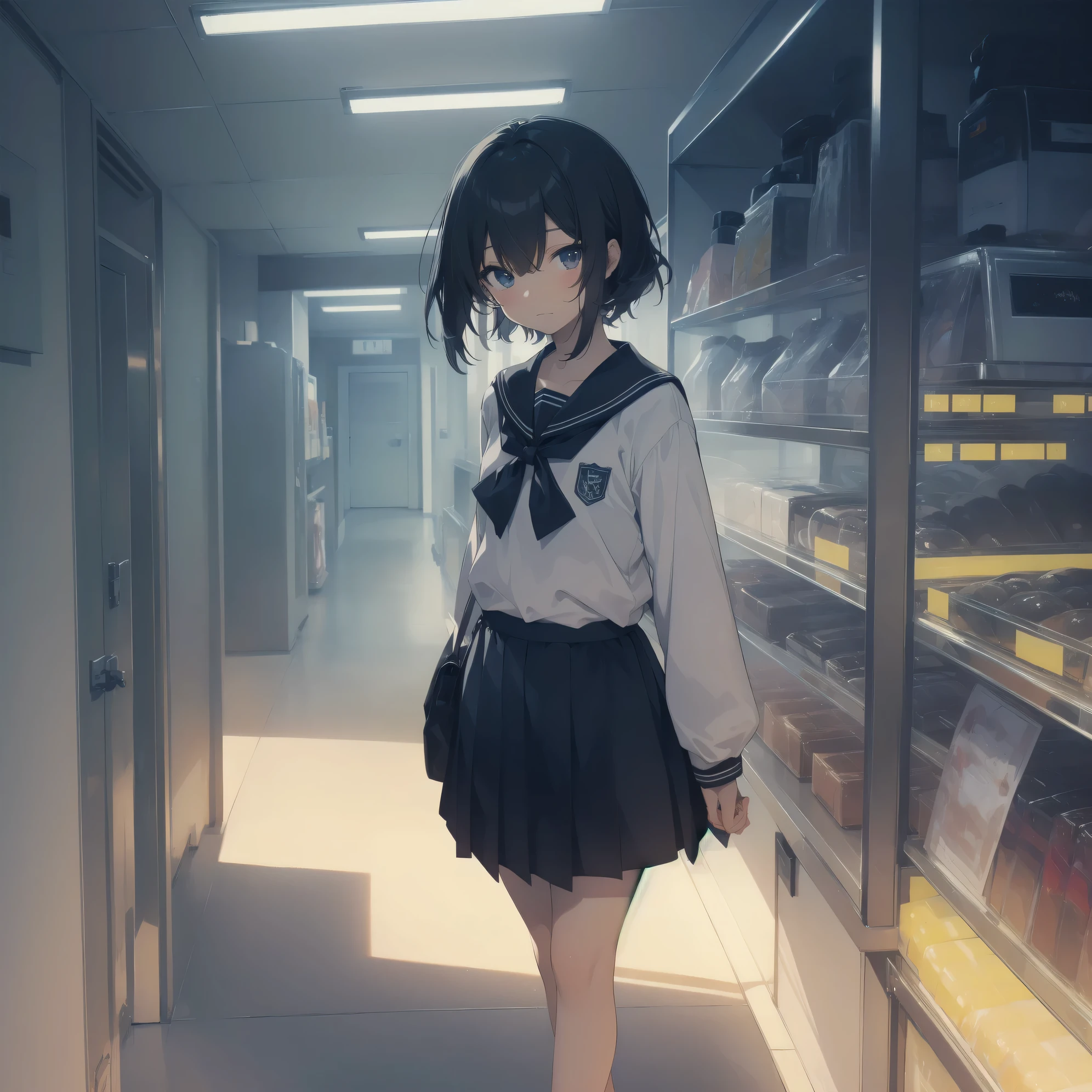 ultra-absurdres-Top quality by artist God, ultra-detailed, high resolution, anime moe artstyle, best anime 8k konachan wallpaper, pixiv contest winner, pool:2810, perfect anatomy,break, 1girl, (Please draw a girl walking sleepily to school alone. )break,(Solo,little female, 13-year-old:1.3),Full limbs, complete fingers,a junior high school student, (very short hair), short cut, flat chest, , small butt, small black eyes, beautiful detailed eyes, well-proportioned iris and pupils, expressive eyes, highres detailed hair, soft expression, salor school_uniform, sailor collar, serahuku, bow, pleated skirt,(Detailed Lighting), (Detailed background), in the School commute route. break,super detailed skin, Best cinematic lighting powered by famous artist, 8k,beauty illustration,photoshop_(medium),very aesthetic,break,((artist:null_(nyanpyoun) )), artist:clamp ,artist:carnelian ,artist:kantoku ,