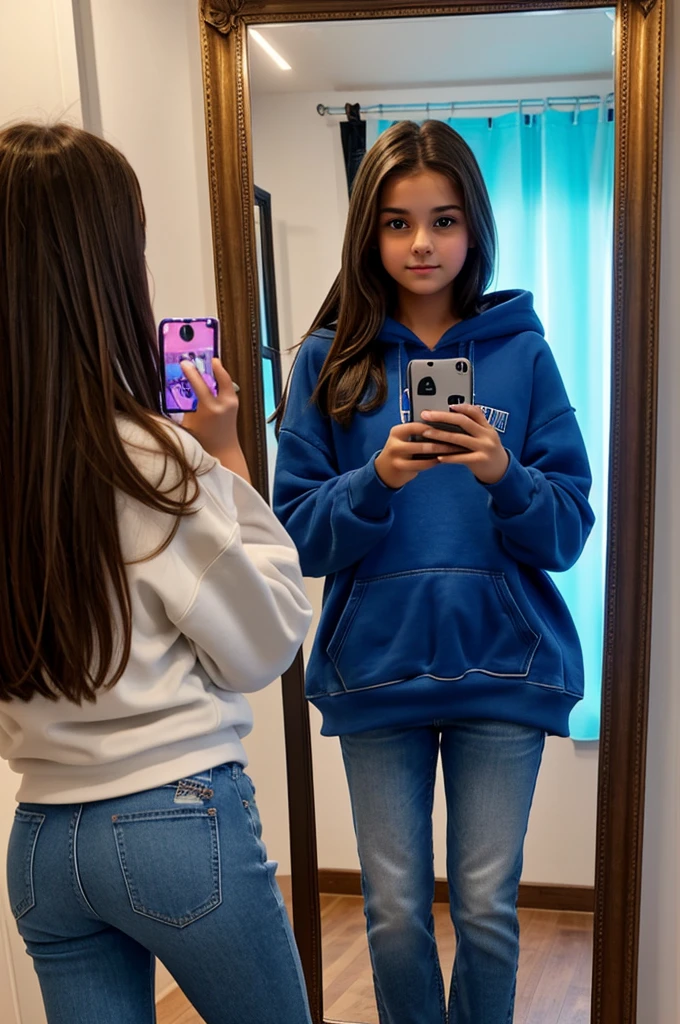 Create a photo of a -yeld giwith brown hair and brown eyes. She is standing in front of a mirror and taking a selfie. She is wearing an oversized hoodie and jeans. In the background, there are blue LED lights realistic