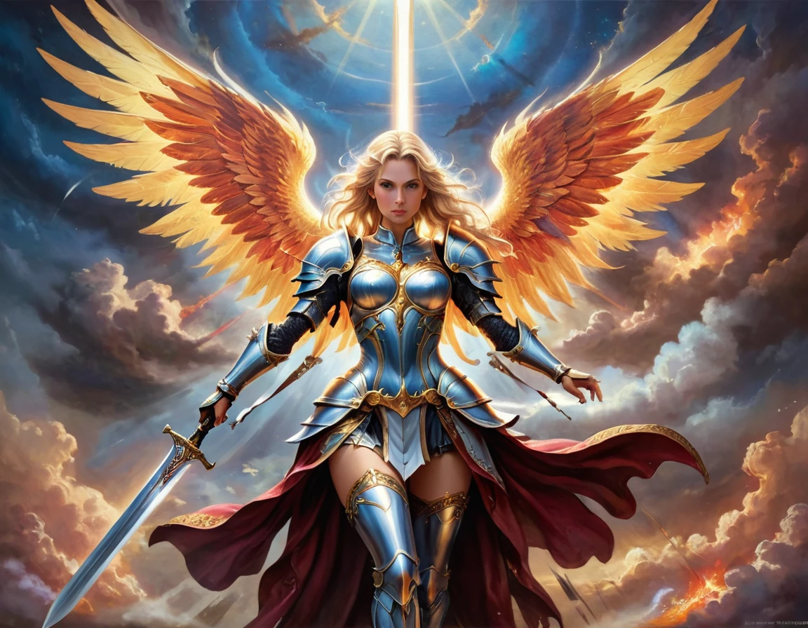 a ((medieval masterwork fresco art: 1.5)) Italian renaissance style, of a 1female angel knight, spread angelic wings, soft light, full body shot, ultra detailed face, determined expression, angel of justice and vengeance, blond hair, long hair, dynamic hair style, (wearing armor: 1.2), intricate details, wearing (thigh high heeled boots: 1.1) , (holding divine sword: 1.3), flaming sword, intense details, masterwork sword, dynamic background(Masterpiece: 1.5), Vibrant, Ultra-high resolution, High Contrast, (masterpiece:1.2), highest quality, Best aesthetics), best details, best quality, highres, ultra wide angle, 16k, [ultra detailed], masterpiece, best quality, (extremely detailed), intense gaze, faize, raging nebula, ArmoredDress, drc_style