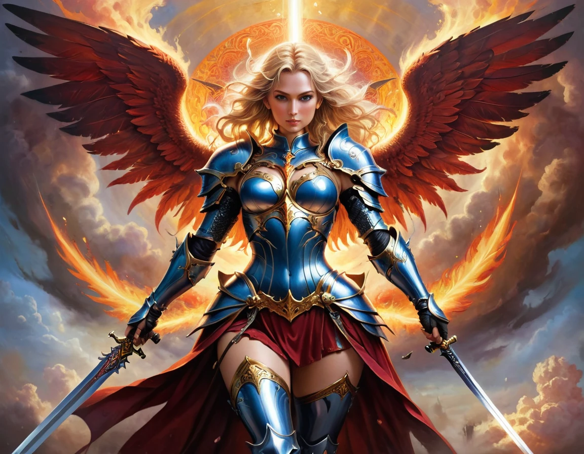 a ((medieval masterwork fresco art: 1.5)) Italian renaissance style, of a 1female angel knight, spread angelic wings, soft light, full body shot, ultra detailed face, determined expression, angel of justice and vengeance, blond hair, long hair, dynamic hair style, (wearing armor: 1.2), intricate details, wearing (thigh high heeled boots: 1.1) , (holding divine sword: 1.3), flaming sword, intense details, masterwork sword, dynamic background(Masterpiece: 1.5), Vibrant, Ultra-high resolution, High Contrast, (masterpiece:1.2), highest quality, Best aesthetics), best details, best quality, highres, ultra wide angle, 16k, [ultra detailed], masterpiece, best quality, (extremely detailed), intense gaze, faize, raging nebula, ArmoredDress, drc_style