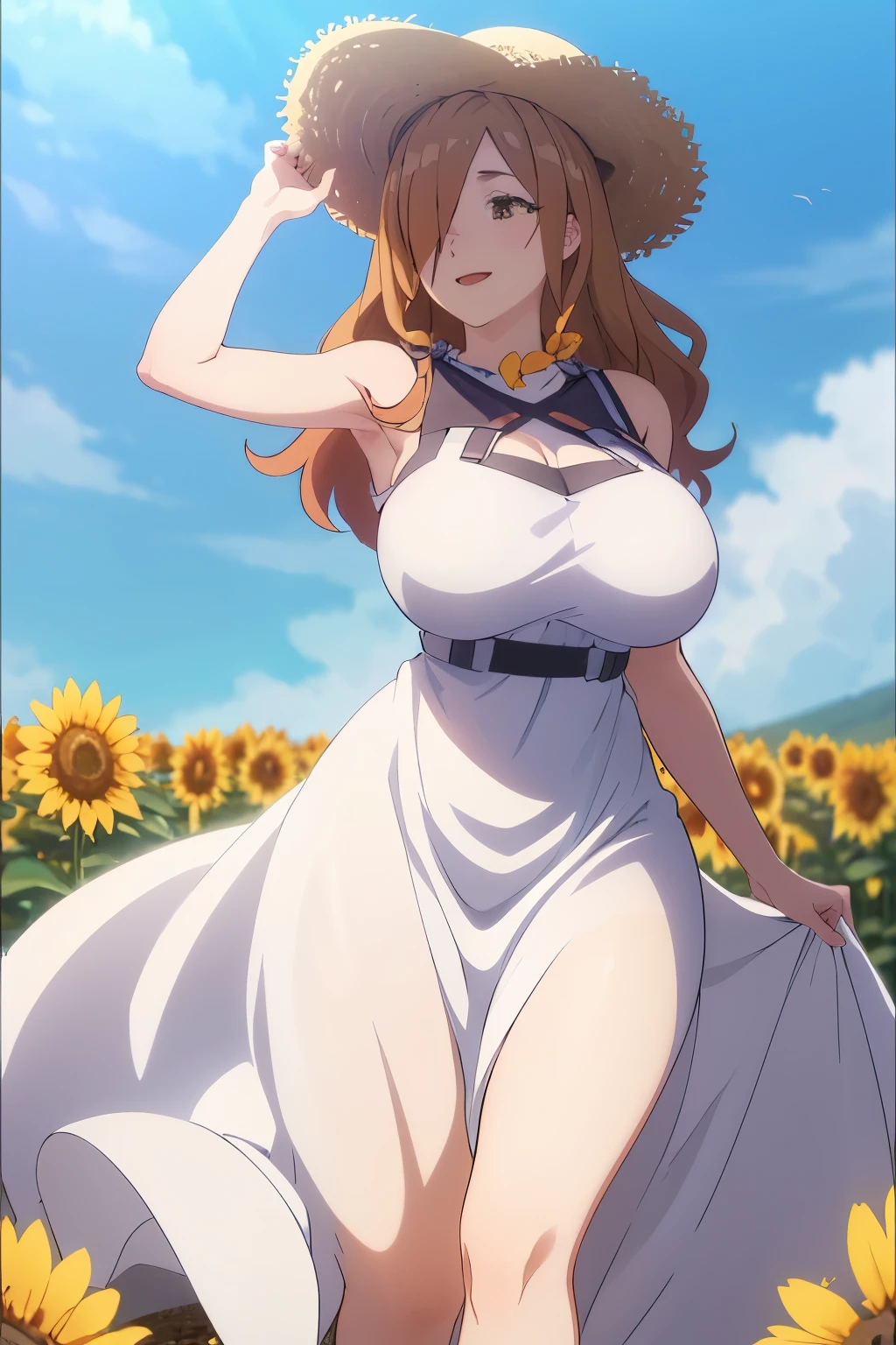 1girl, solo, cowboy shot,portrait、perfect quality, good quality, masterpiece, HDR, uhd,wiz,hair over one eye,huge breasts,Sunflower field、Straw hat、(White Summer Dress:1.4)、sunny day、smile