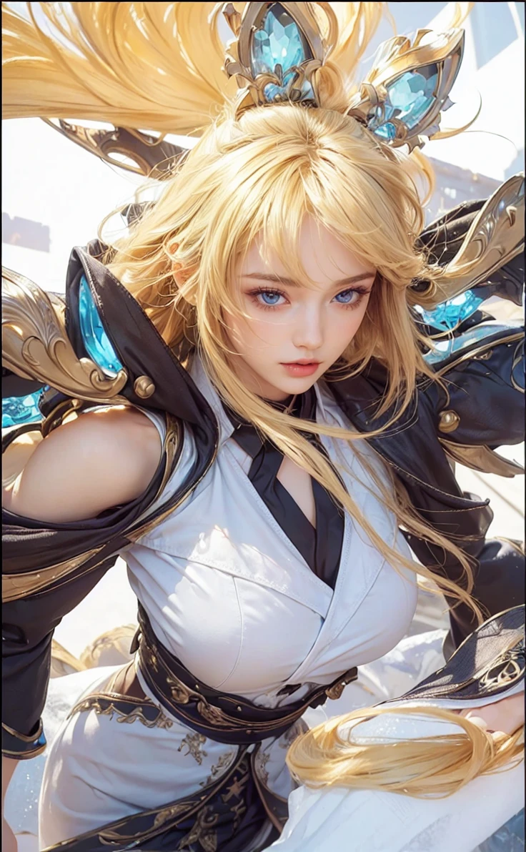 ((Best quality, 8k, Masterpiece :1.3)), upper body, Sharp focus:1.2, Beautiful woman with perfect digure, Highly detailed facial and skin textur le, Detailed eyes, Fouble eyelids, Interior view, flerpect lighting, Glowing skin, high breasts, blonde hair, long hair