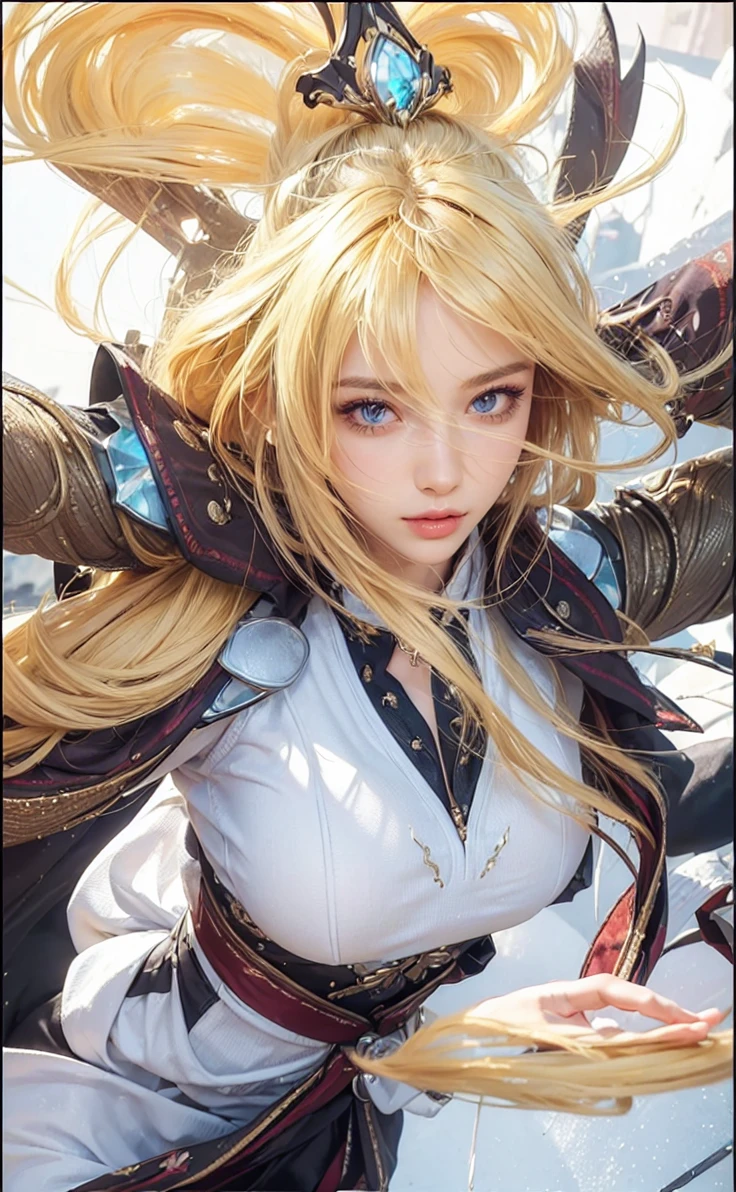 ((Best quality, 8k, Masterpiece :1.3)), upper body, Sharp focus:1.2, Beautiful woman with perfect digure, Highly detailed facial and skin textur le, Detailed eyes, Fouble eyelids, Interior view, flerpect lighting, Glowing skin, high breasts, blonde hair, long hair