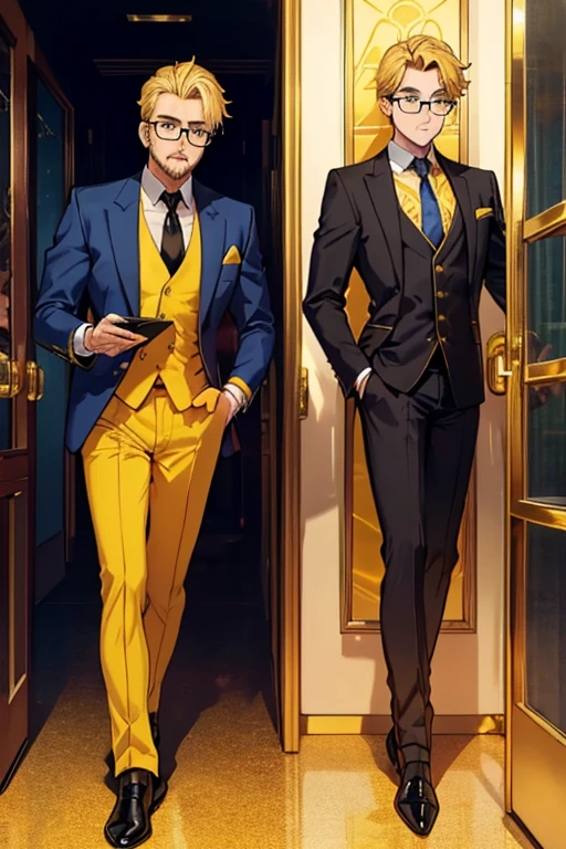 male, blonde hair, blue eyes, trimmed goatee, (((1boy))), (((golden yellow business suit))), (golden yellow pants), (black dress shirt), (brown necktie), (black dress shoes), (glasses), older man