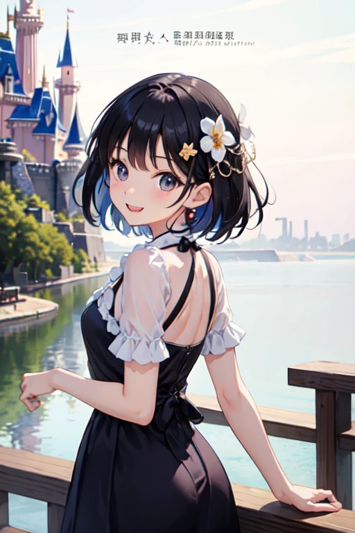 Highest quality、Black Hair、Iris、short hair、girl、cute、16 years old、、Small hair ornament、1 person、Cute one piece dress、The skirt is short、Date、The location is Disneyland、A happy look、Happy smile、Look back at me、