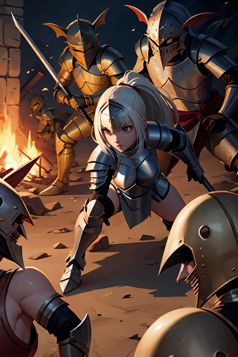 An injured female knight surrounded and attacked by multiple goblins during a battle