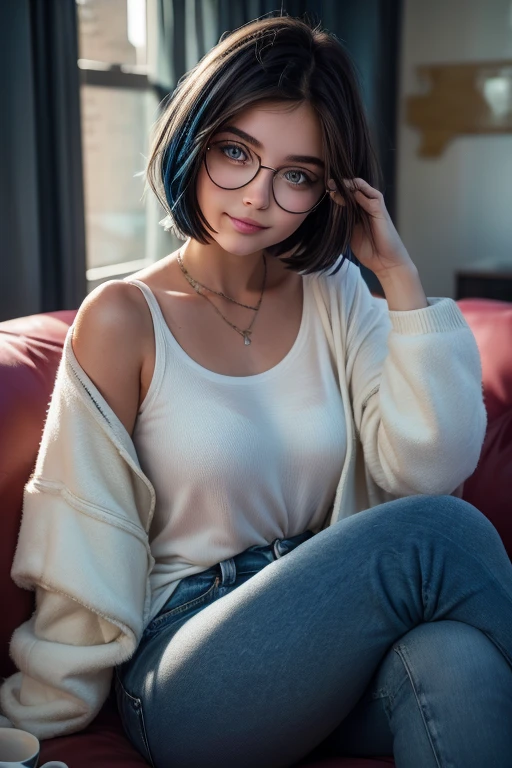 1 girl, short hair with blue highlights, gazing at viewer, blush, blue colored eyes, perfectbody, cold white blouse, jeans, cute round glasses, White sneakers, light pink half socket, holding a cup, drinking hot chocolate, sitting on a sofa in an elegant room, well-lit, drlight smile, Hyper-Realism, high resolution, short hair, black hair, streaked hair, blue hair, hair behind ear, hair over one eye, seductive smile, Hyperrealism, cinematic lighting, panorama, highres, best quality, highres, 8K