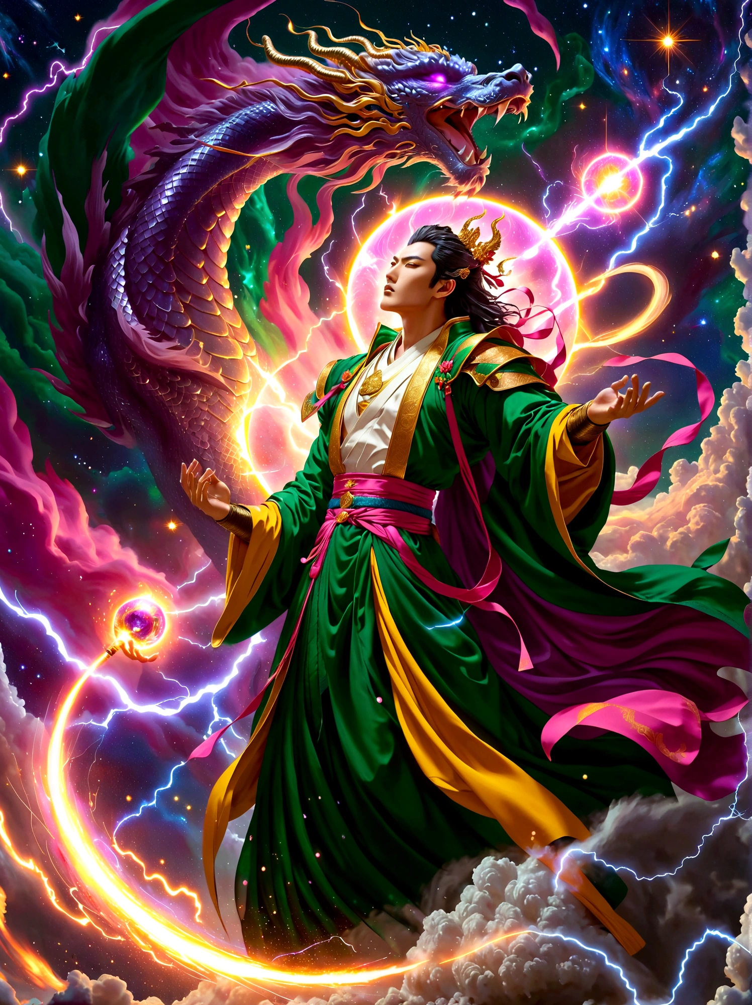 An epic clash between divine beings. The sky showcases extravagant shades of violet, pink, and gold against the backdrop of stars and galaxies. One fierce deity, an East Asian male with burning eyes and white attire, summons lightning, illuminating the battlefield. The other entity, a Middle Eastern female exhibiting serene calm, clad in a flowing green robe, wields a tome radiating ethereal light. Above, cosmic dragons twist and coil, their scales shimmering with stardust as they roar in anticipation. Below, an earth transformed by the battle displays crumbled mountains, roaring oceans, and forests set alight.
