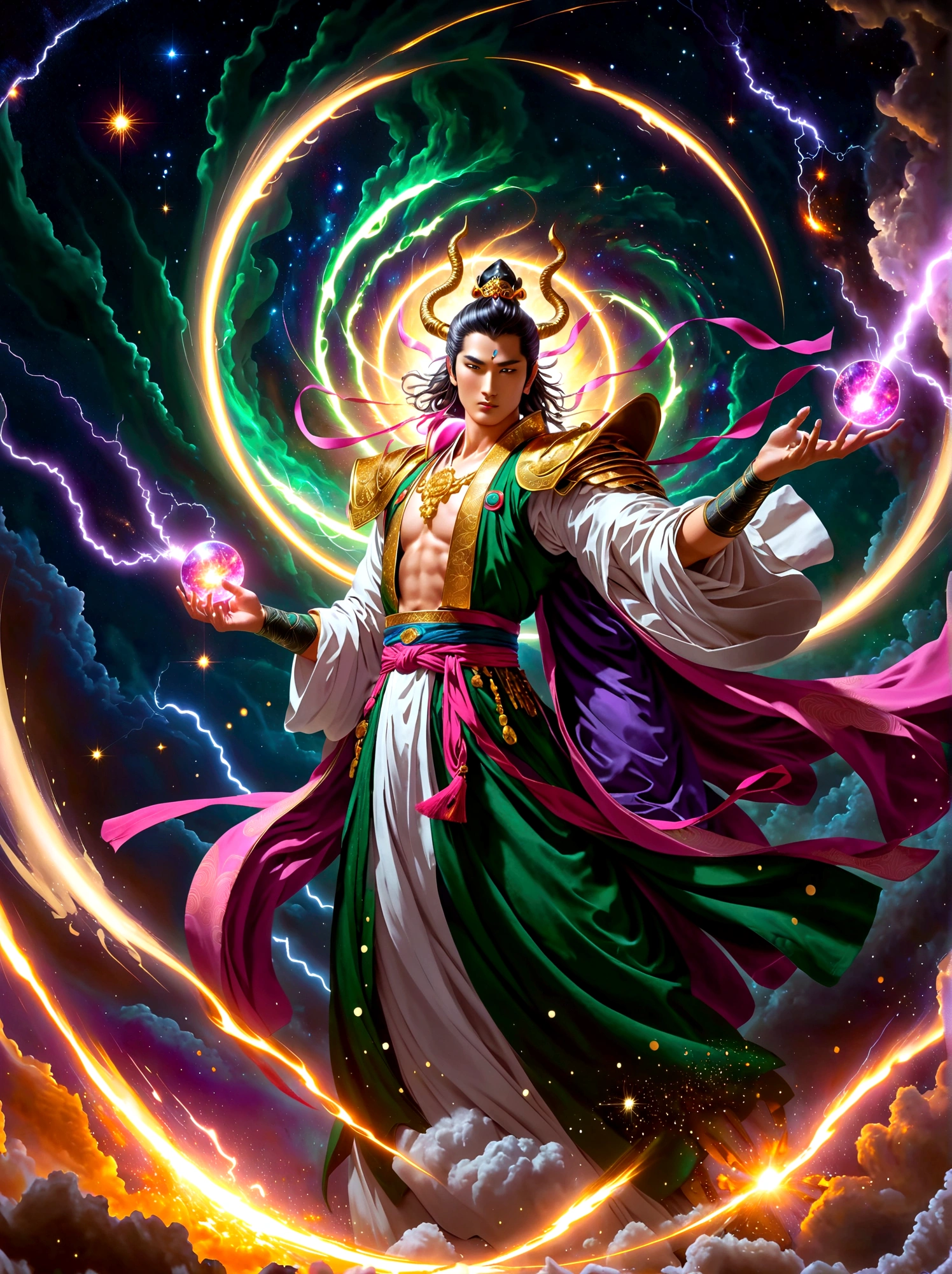 An epic clash between divine beings. The sky showcases extravagant shades of violet, pink, and gold against the backdrop of stars and galaxies. One fierce deity, an East Asian male with burning eyes and white attire, summons lightning, illuminating the battlefield. The other entity, a Middle Eastern female exhibiting serene calm, clad in a flowing green robe, wields a tome radiating ethereal light. Above, cosmic dragons twist and coil, their scales shimmering with stardust as they roar in anticipation. Below, an earth transformed by the battle displays crumbled mountains, roaring oceans, and forests set alight.