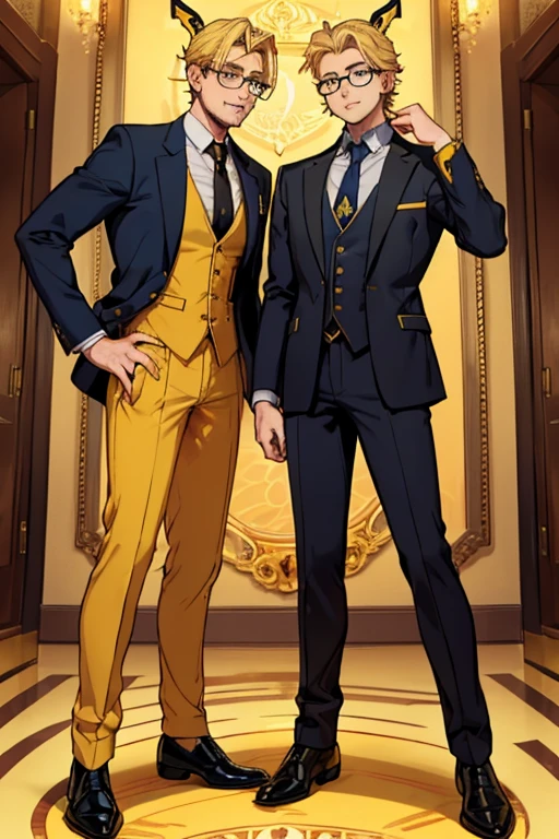 male, blonde hair, blue eyes, trimmed goatee, (((1boy))), (((golden yellow business suit))), (golden yellow pants), (black dress shirt), (brown necktie), (black dress shoes), (glasses), older man, lion ears on head